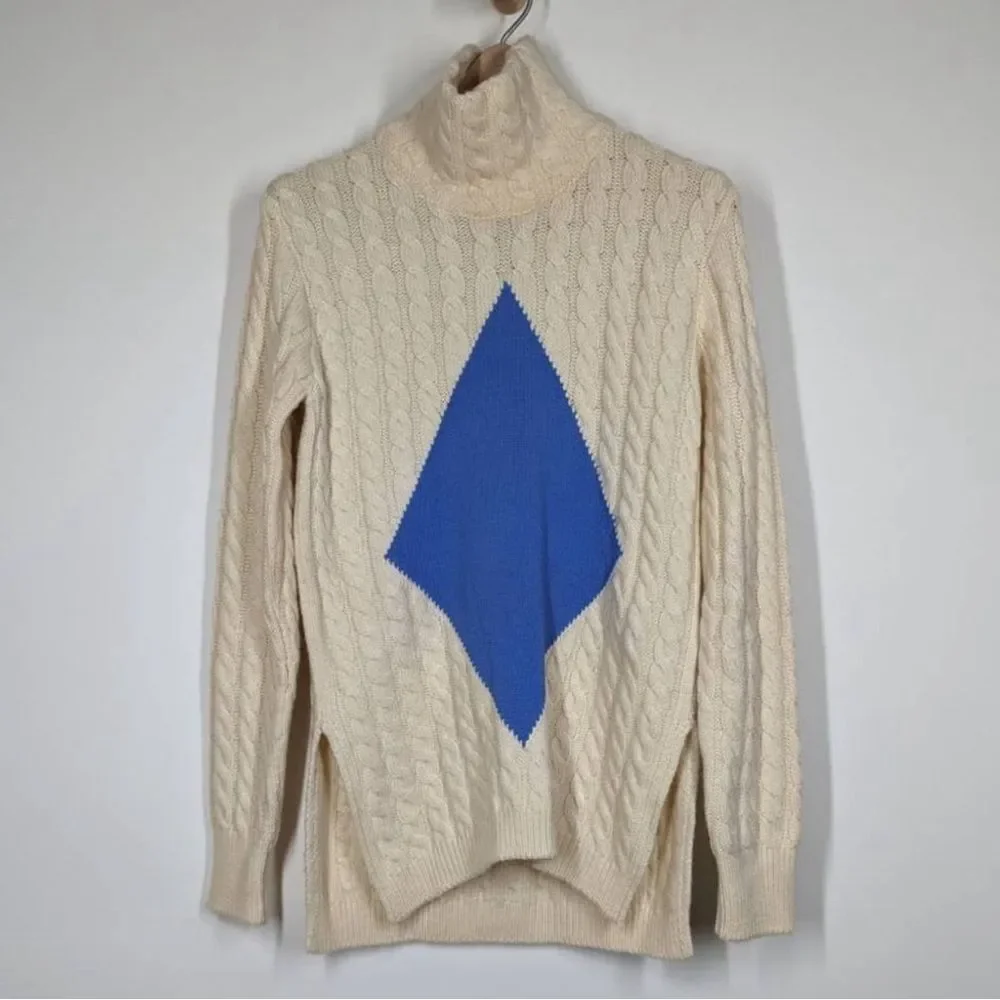 Tory Burch Sweater Nel Cable Knit Diamond Turtleneck Alpaca Wool in Cream Blue